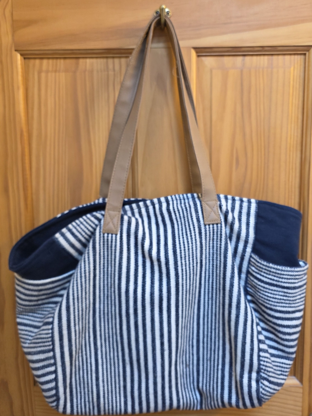 Striped Navy and White Tote Bag with Tan Handles